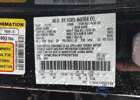 2023 Ford Bronco Sport Outer Banks z USA, uszkodzony, nr VIN 3FMCR9C67PRD07520